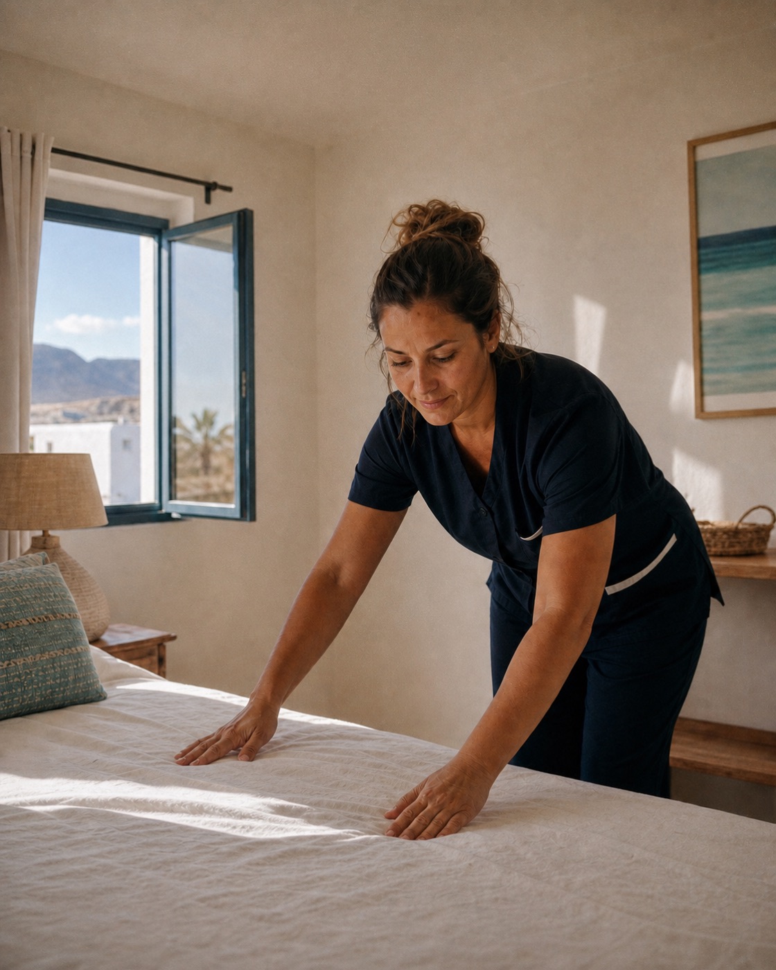 Profissional prepara cuidadosamente uma cama num alojamento de férias em Fuerteventura