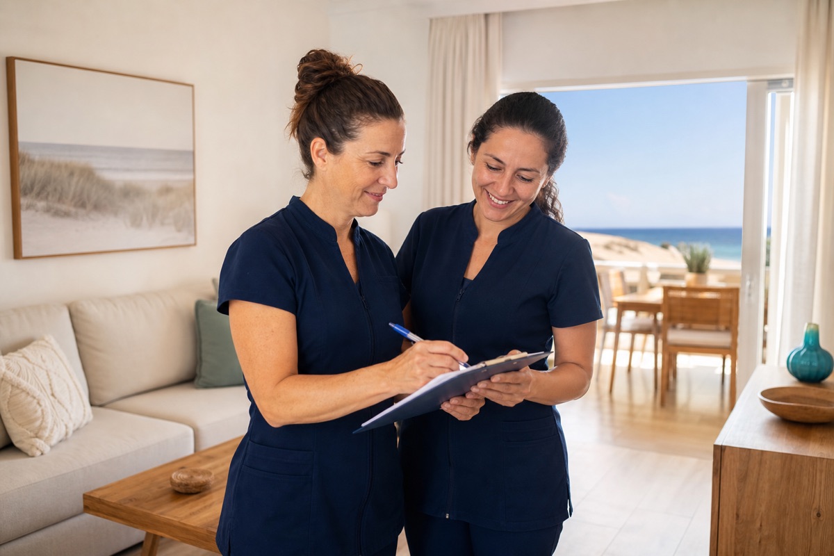 Twee professionals controleren samen een vakantieverblijf